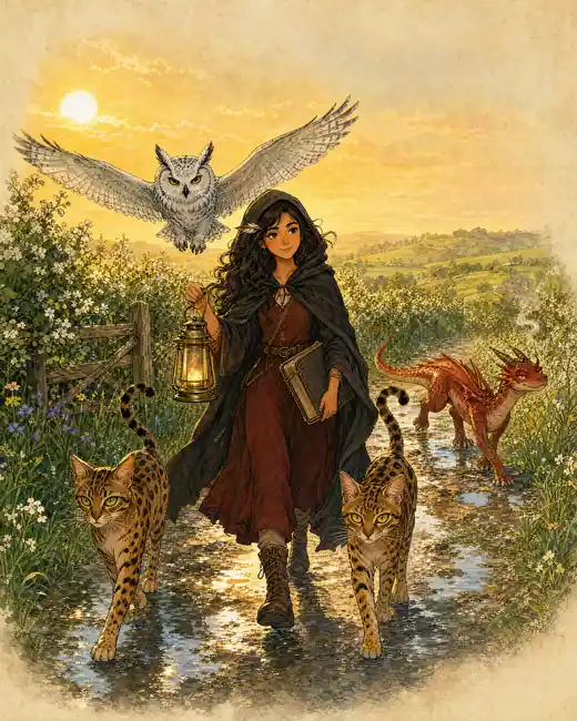 Pythia walks the lane at golden hour with her lantern and her book, two Bengal cats at her side