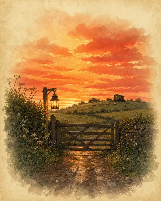 A red sky at dusk over a field gate and a lane