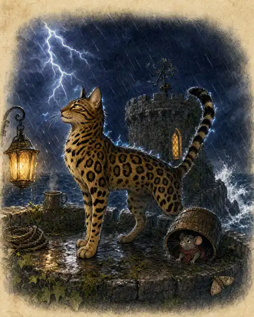 Ares at a window on a stormy night, lightning over the tower outside