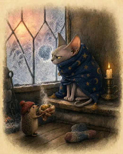 Dyna wrapped in her starry blanket at a frosted window, a candle beside her