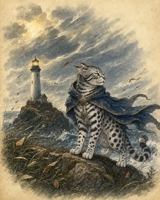 Kronos in his storm-blue cloak on his rock by the lighthouse, the wind in the grass
