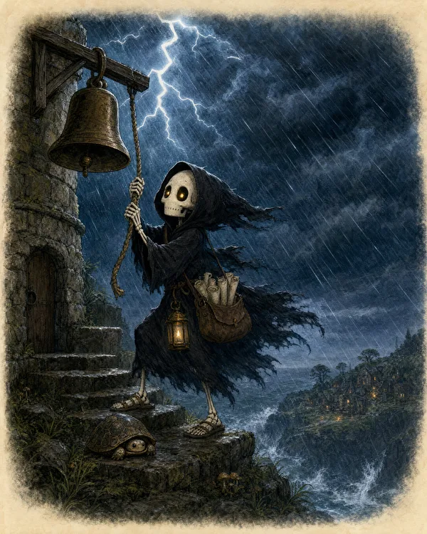 Skully rings the warning bell on the watchtower as lightning crosses the bay, his tortoise on the step beside him