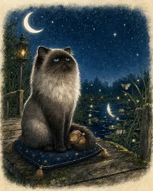 Timis on his cushion under a clear night sky and a crescent moon