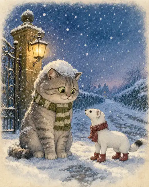 Vikis in his green scarf in the snow, his junior inspector the stoat beside him