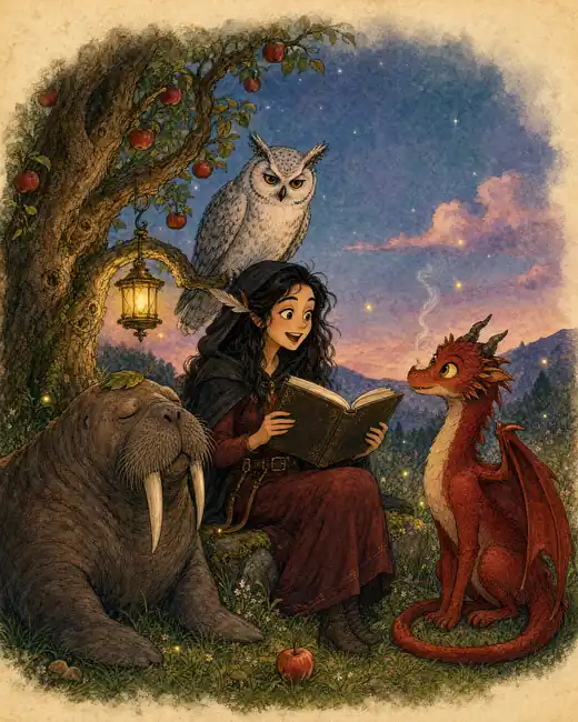Pythia reads under the old apple tree with the Sleeping Walrus, the Frost Owl and the Crimson Dragon gathered round