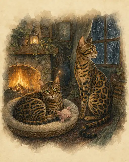Nemesi and Ade by the fire, one curled in a basket beside Piggy, the pink plush pig, the other sitting tall beside her