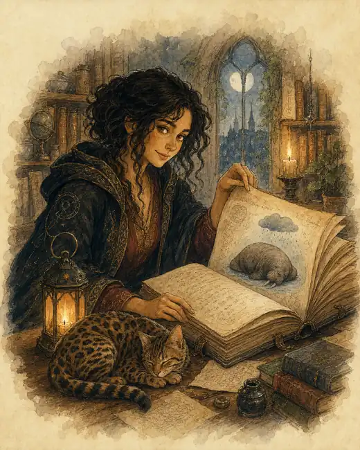 Pythia turns a page of the book by lantern light, with Ade stretched out on the table beside her